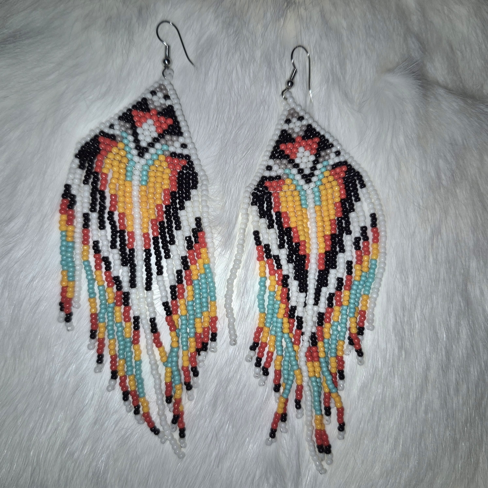 Black and White Beaded Fringe Earrings